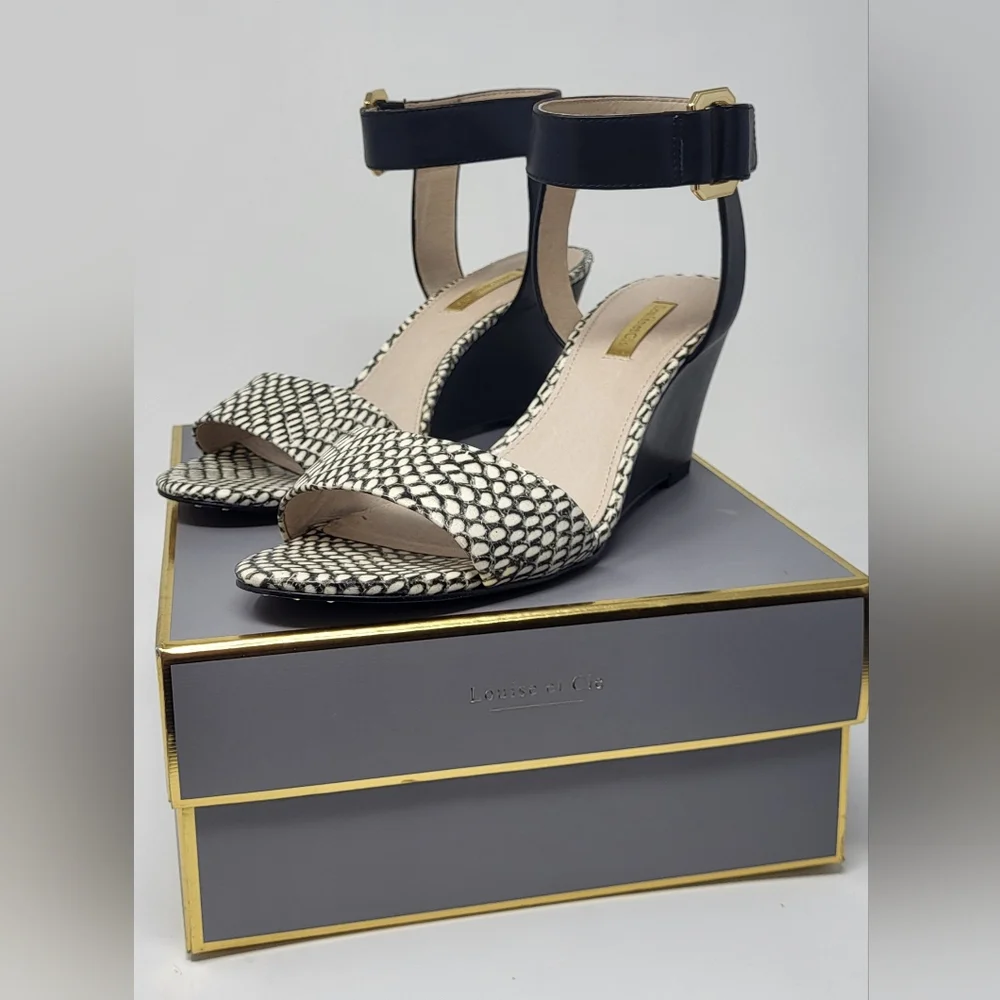 Louise et Cie Black and White Wedge Shoes with Textured Design and Ankle Strap - Picture 13 of 14